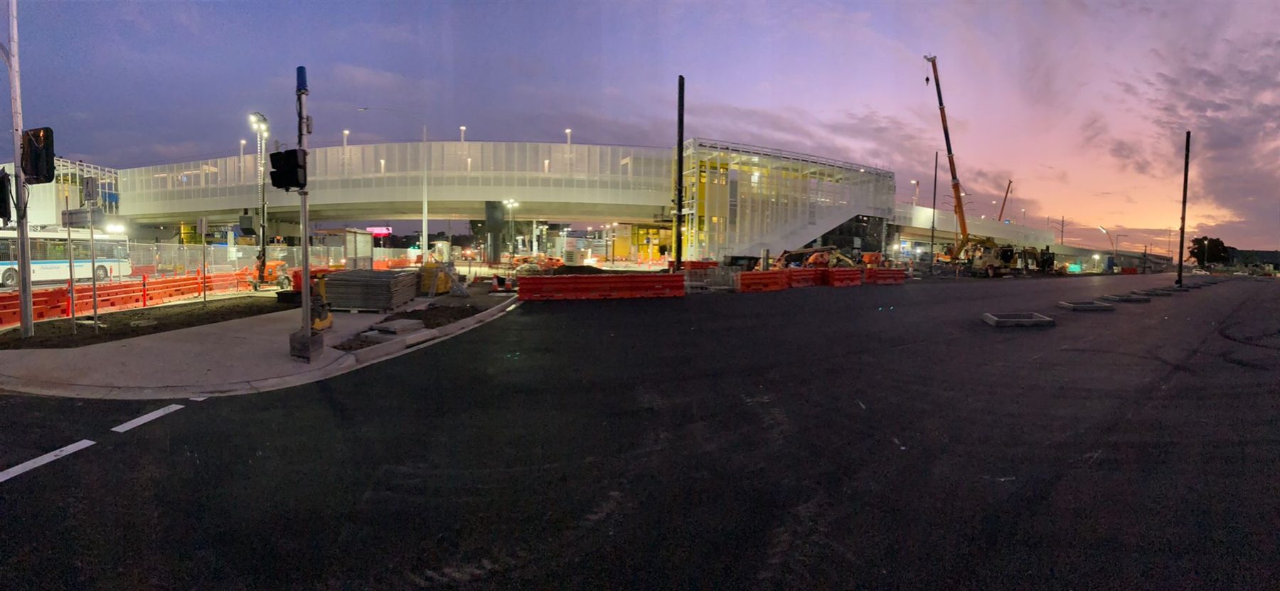 Infrastructure construction site photographed at dusk